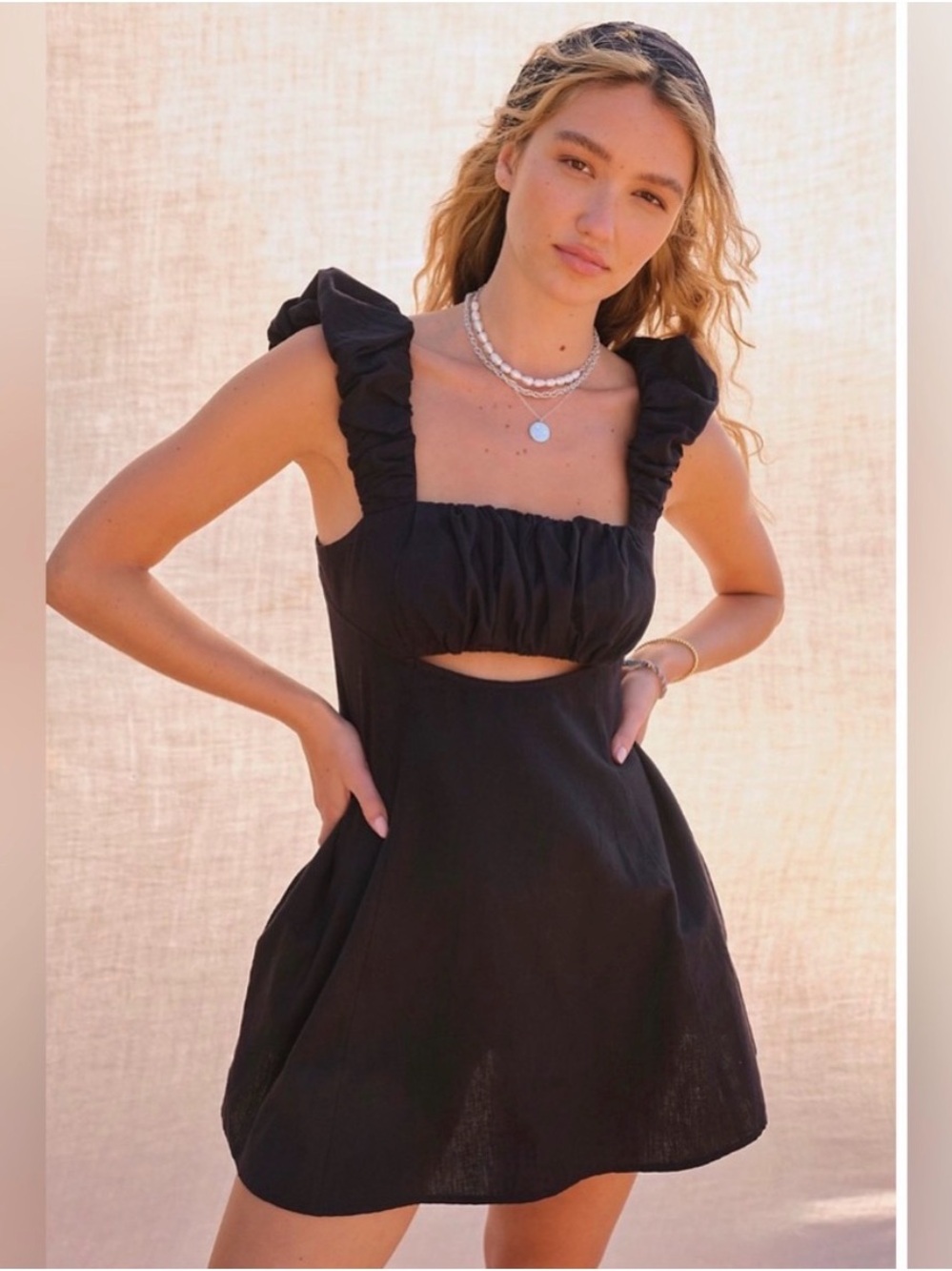 Free People Black Mini Dress with Ruched Straps